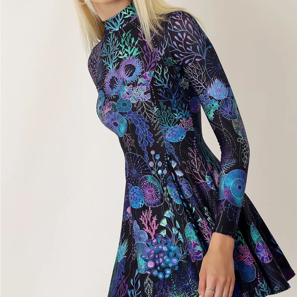 BlackMilk Floral Coral Long Sleeve Evil Mini Skater Dress
